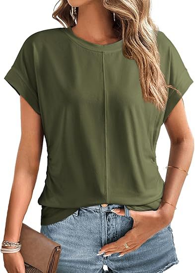 Side Ruched Dolman Sleeve Tee - Green