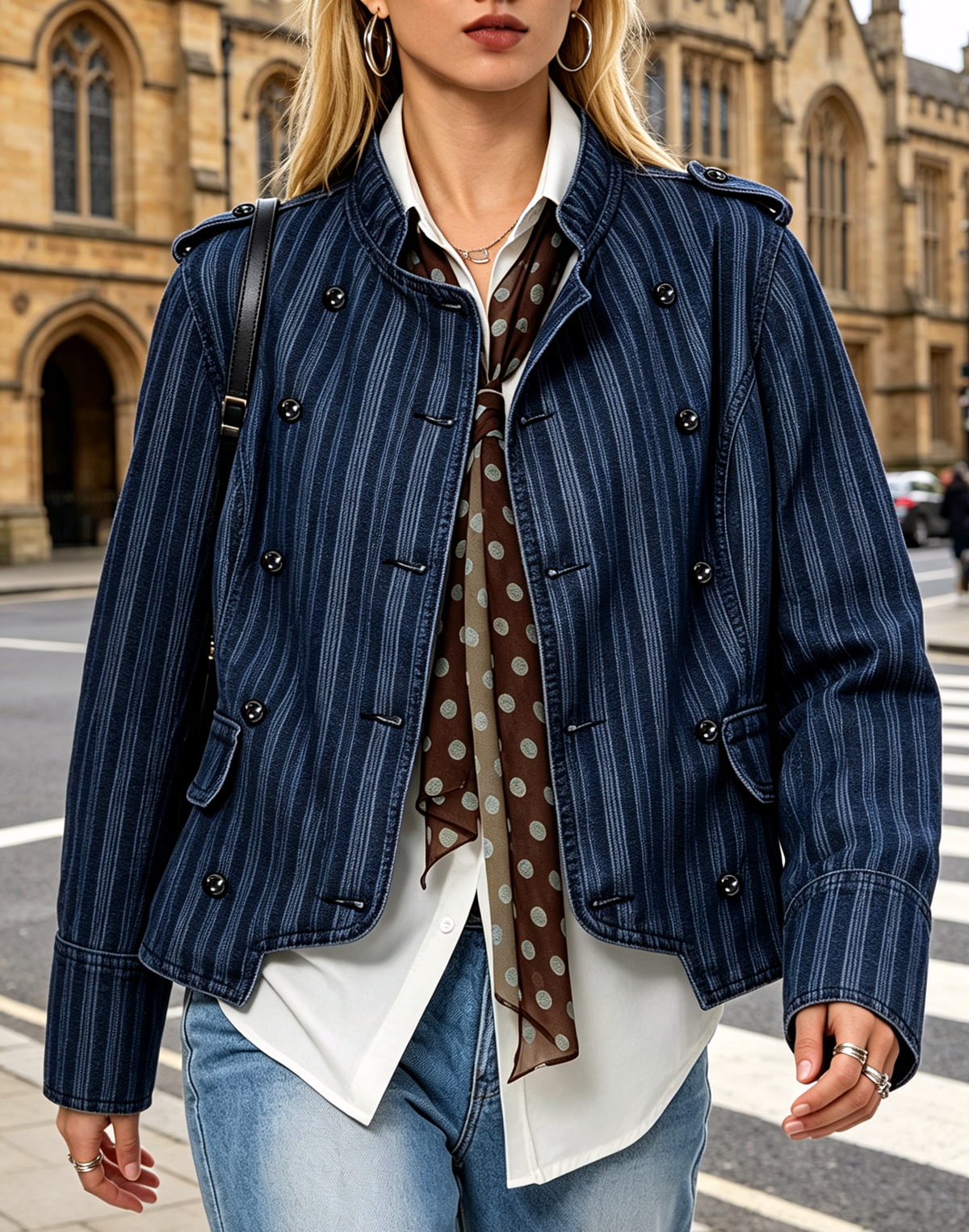 Pinstripe Military Stand Collar Denim Jacket - Blue