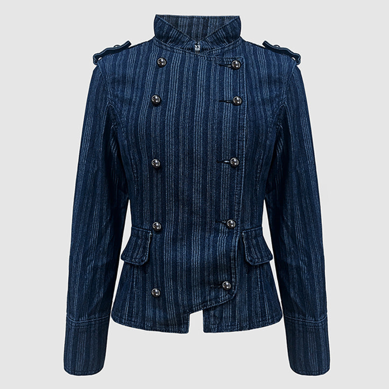 Pinstripe Military Stand Collar Denim Jacket - Blue - 1