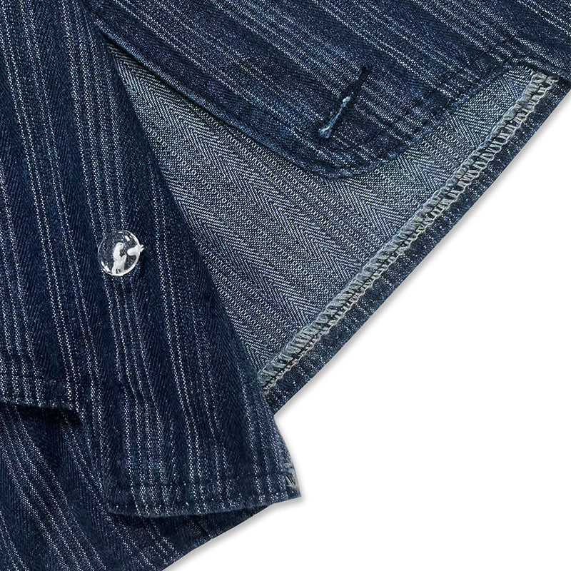 Pinstripe Military Stand Collar Denim Jacket - Blue - 11