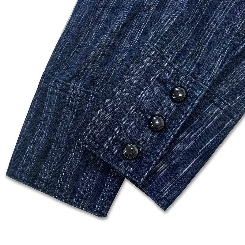 Pinstripe Military Stand Collar Denim Jacket - Blue - 12