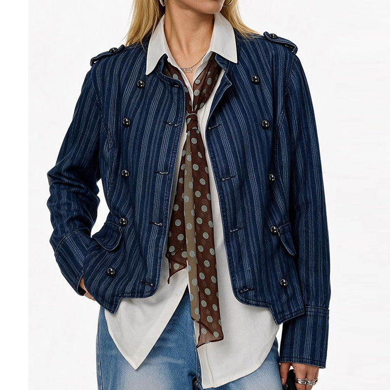 Pinstripe Military Stand Collar Denim Jacket - Blue - 14