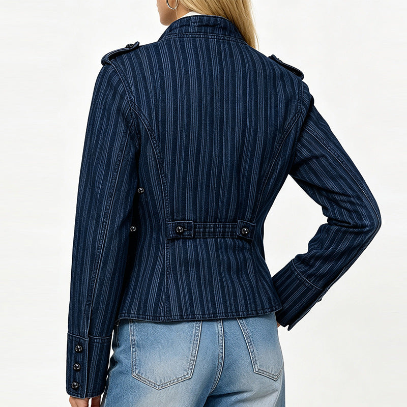 Pinstripe Military Stand Collar Denim Jacket - Blue - 15