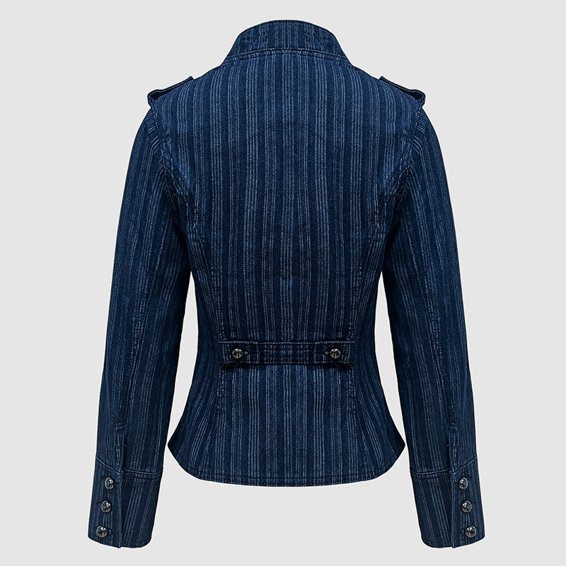 Pinstripe Military Stand Collar Denim Jacket - Blue - 2