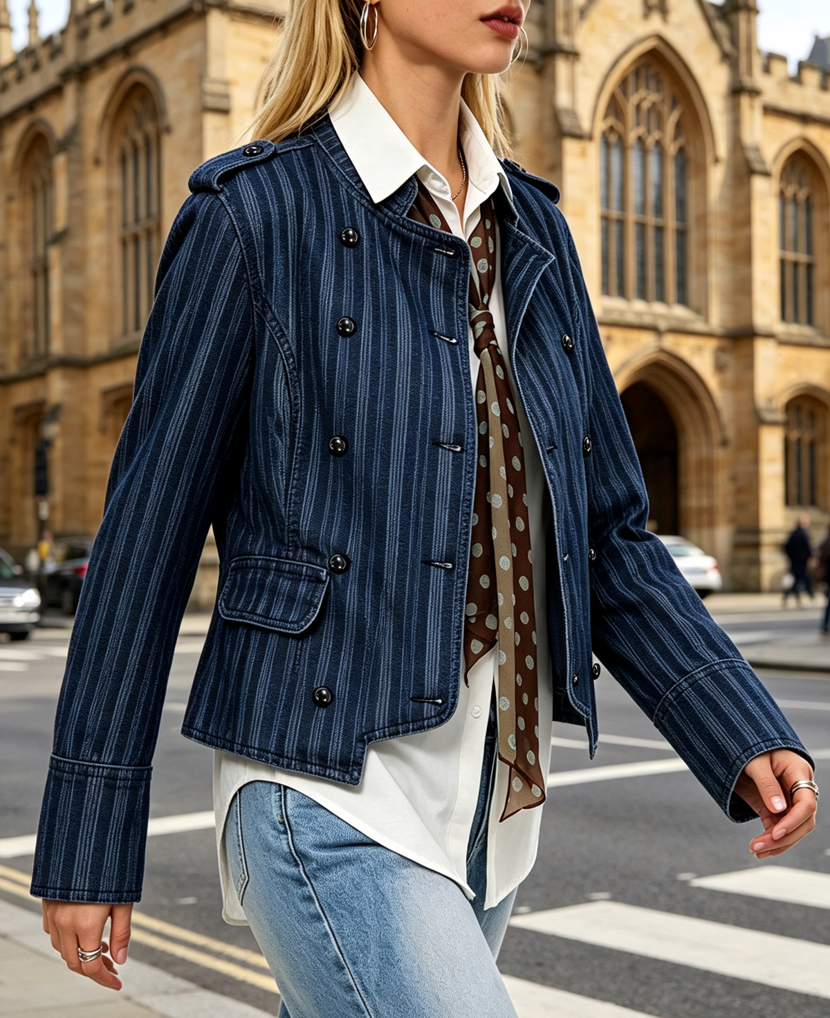 Pinstripe Military Stand Collar Denim Jacket - Blue - 3