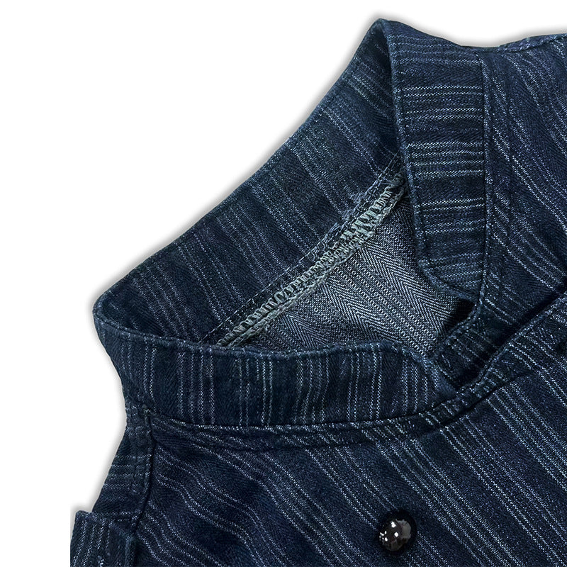 Pinstripe Military Stand Collar Denim Jacket - Blue - 4