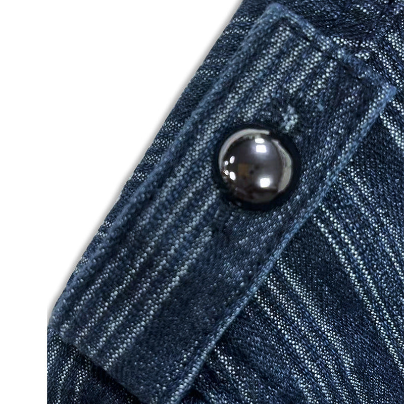 Pinstripe Military Stand Collar Denim Jacket - Blue - 5