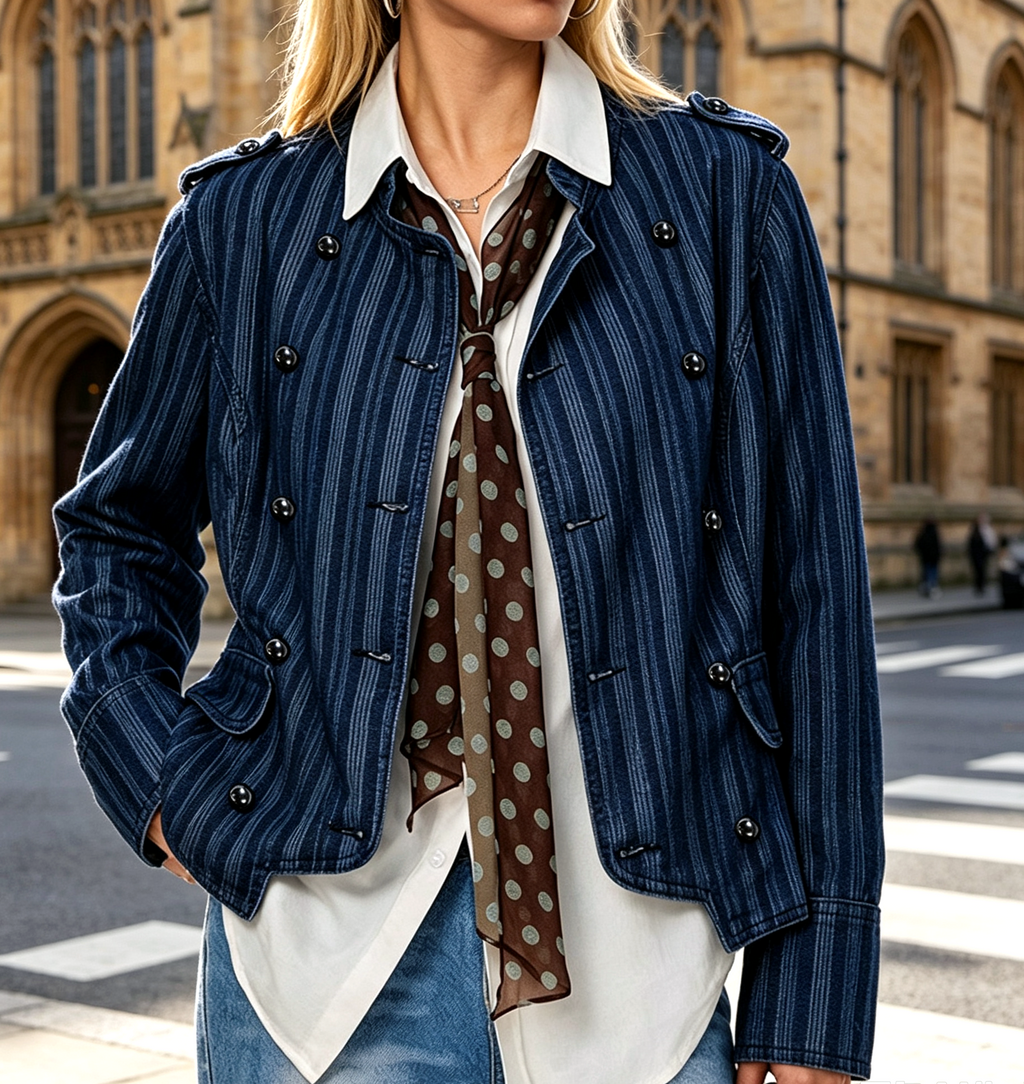 Pinstripe Military Stand Collar Denim Jacket - Blue - 6