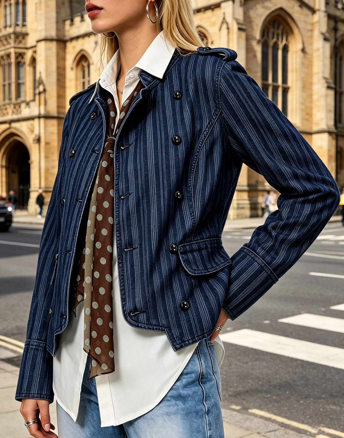 Pinstripe Military Stand Collar Denim Jacket - Blue - 8