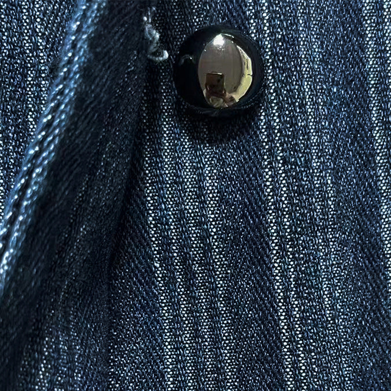 Pinstripe Military Stand Collar Denim Jacket - Blue - 9