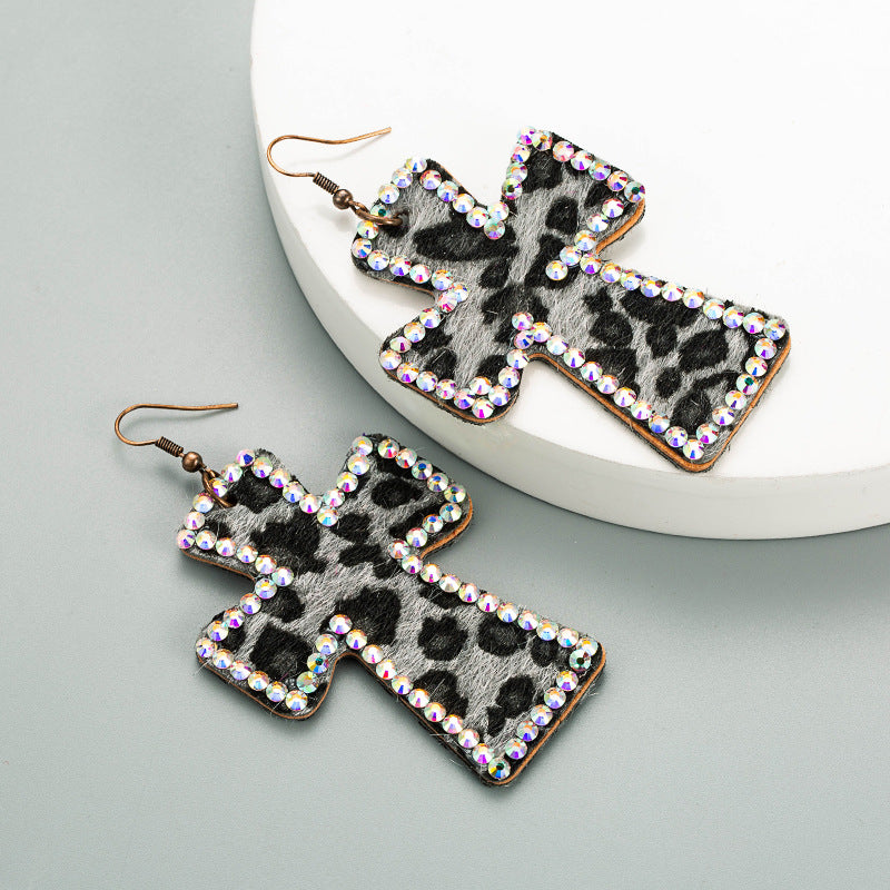 Leopard Cross Rhinestone Dangle Earrings - Black
