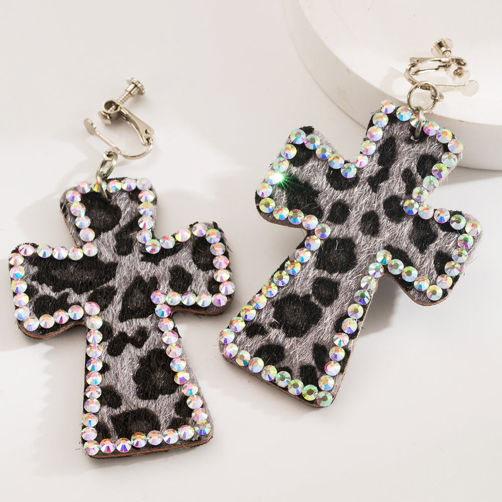 Leopard Cross Rhinestone Dangle Earrings - Black_01