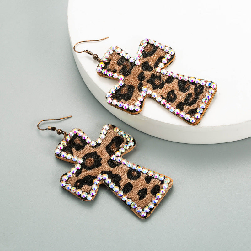 Leopard Cross Rhinestone Dangle Earrings - Coffee