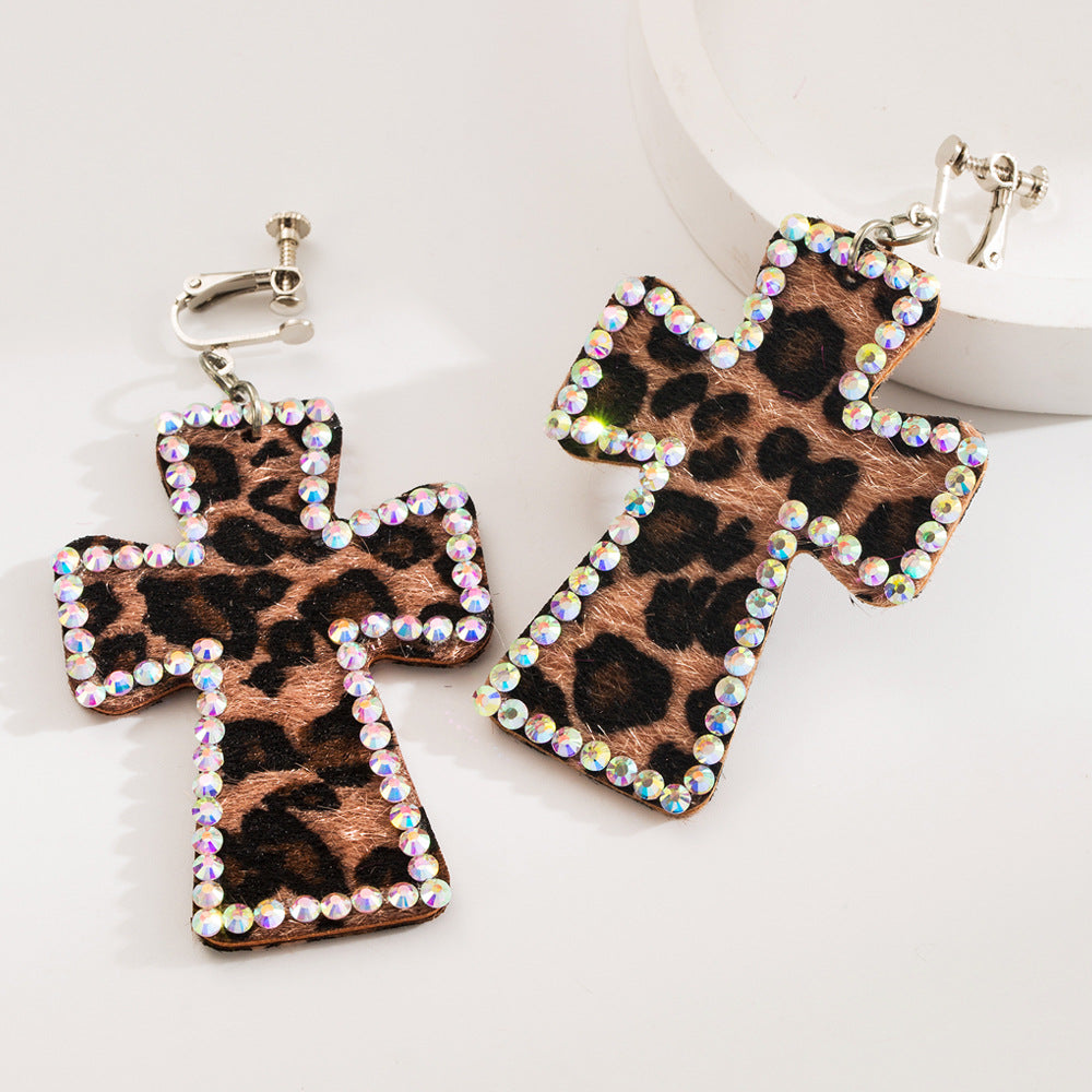Leopard Cross Rhinestone Dangle Earrings - Coffee_01