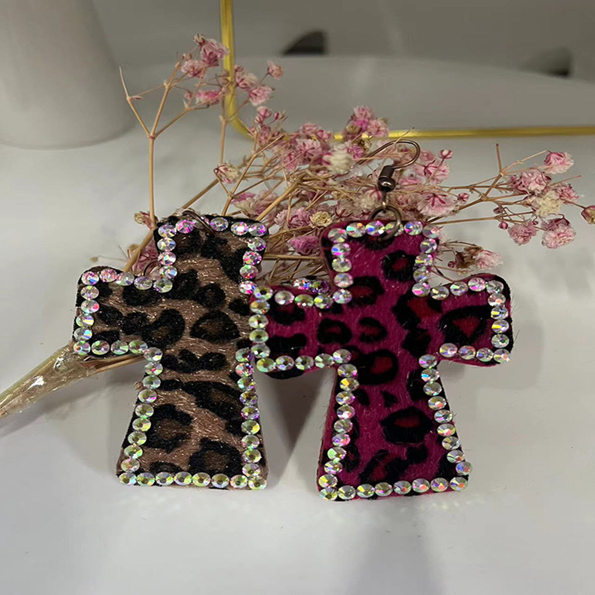 Leopard Cross Rhinestone Dangle Earrings - Mix