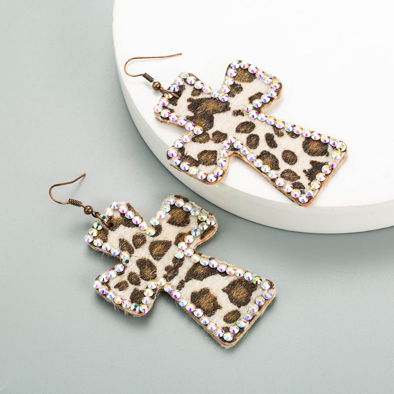 Leopard Cross Rhinestone Dangle Earrings - OffWhite