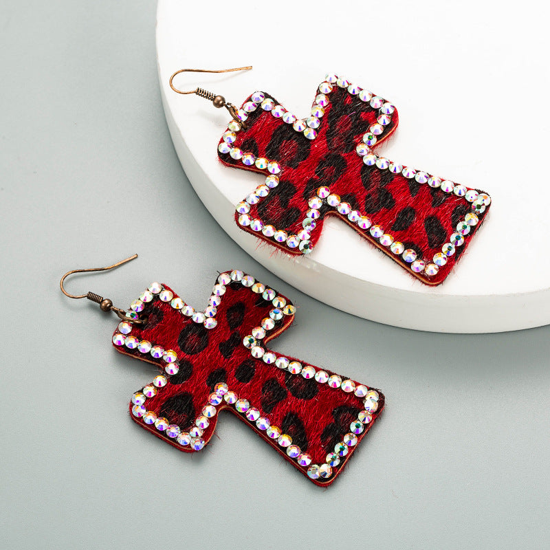 Leopard Cross Rhinestone Dangle Earrings - Red
