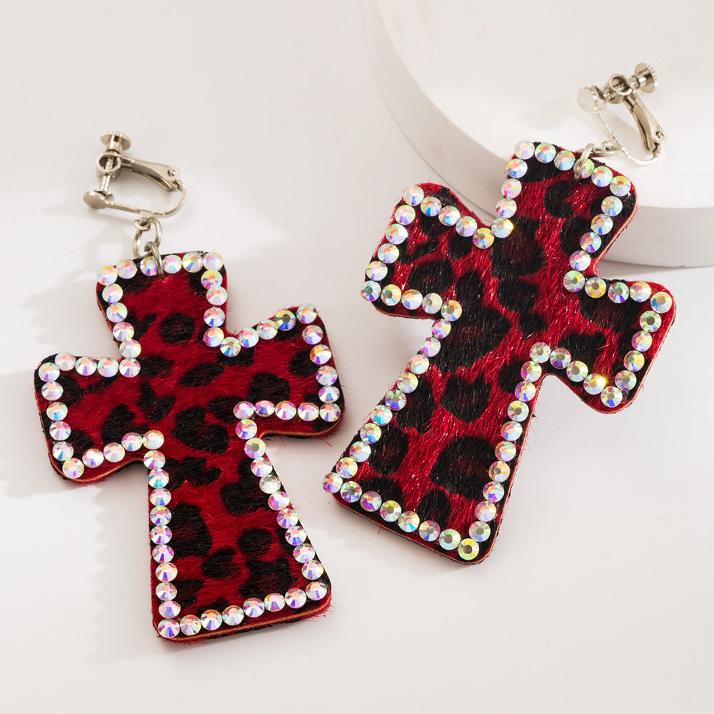 Leopard Cross Rhinestone Dangle Earrings - Red_01