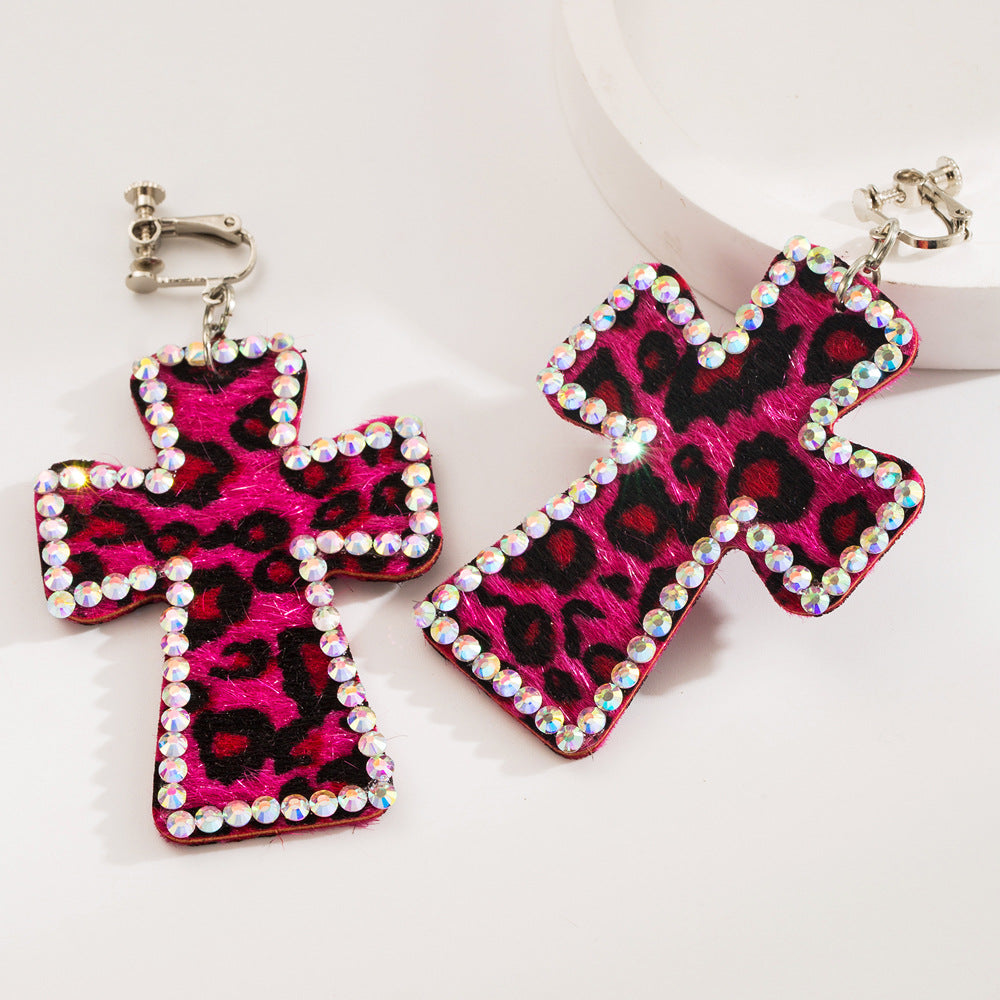 Leopard Cross Rhinestone Dangle Earrings - RoseRed_01