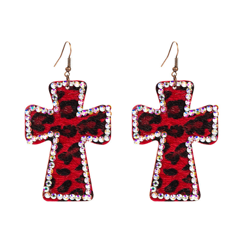 Leopard Cross Rhinestone Dangle Earrings