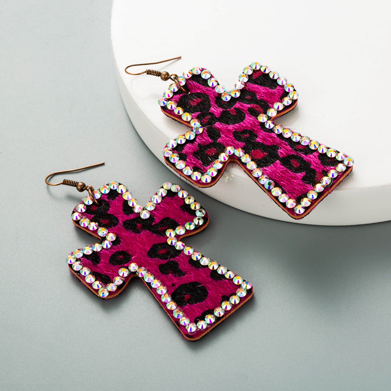 Leopard Cross Rhinestone Dangle Earrings - view 1