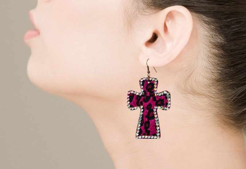 Leopard Cross Rhinestone Dangle Earrings - view 2