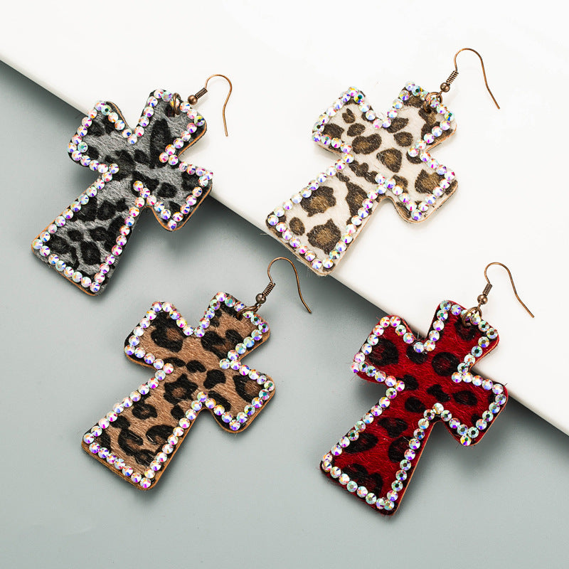 Leopard Cross Rhinestone Dangle Earrings - view 3