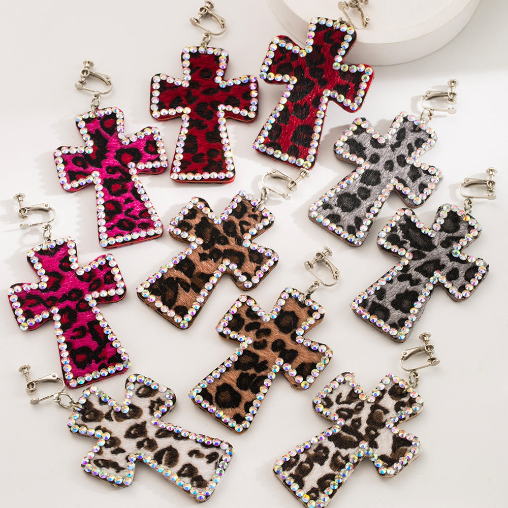 Leopard Cross Rhinestone Dangle Earrings - view 4