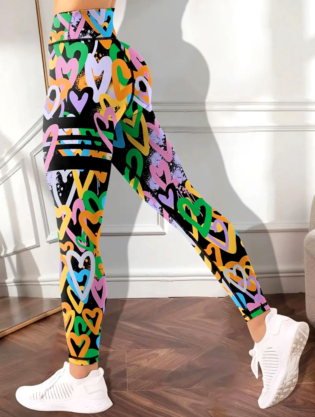 Heart Print High Waist Workout Leggings - Colored