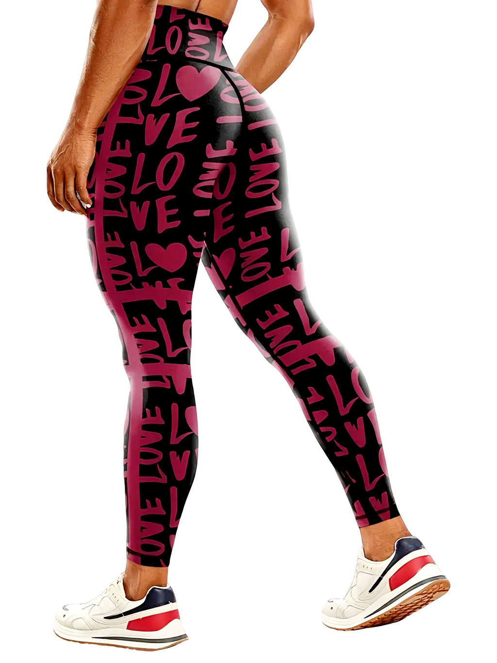 Heart Print High Waist Workout Leggings - Red
