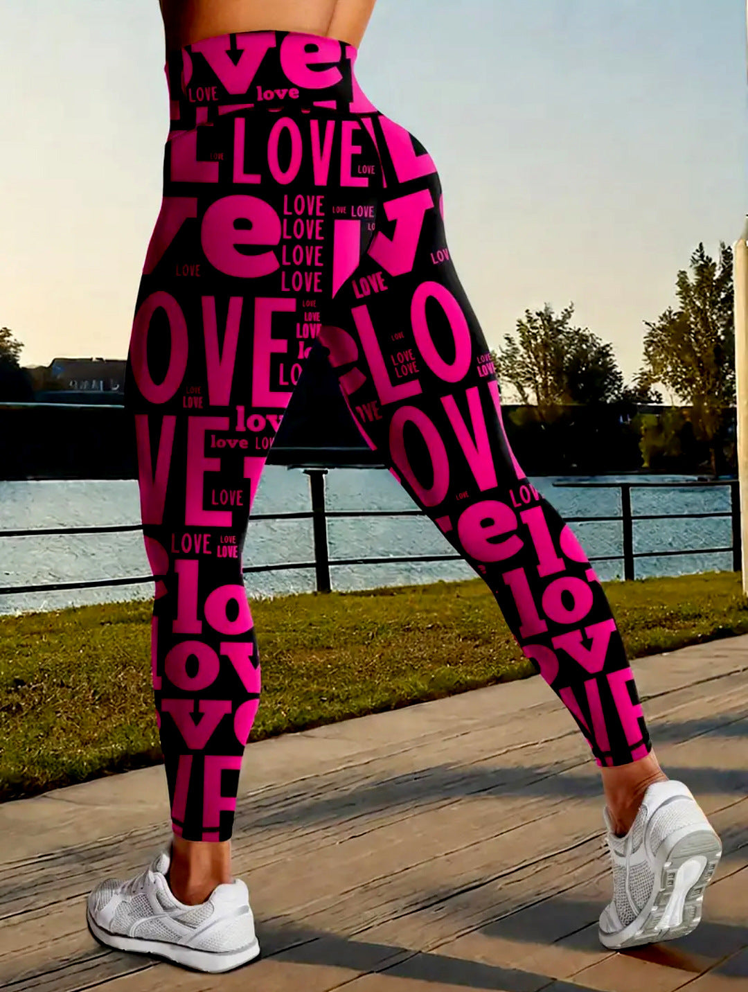 Heart Print High Waist Workout Leggings - Rose_red