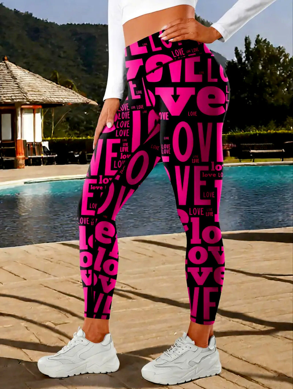 Heart Print High Waist Workout Leggings - Rose_red - 1