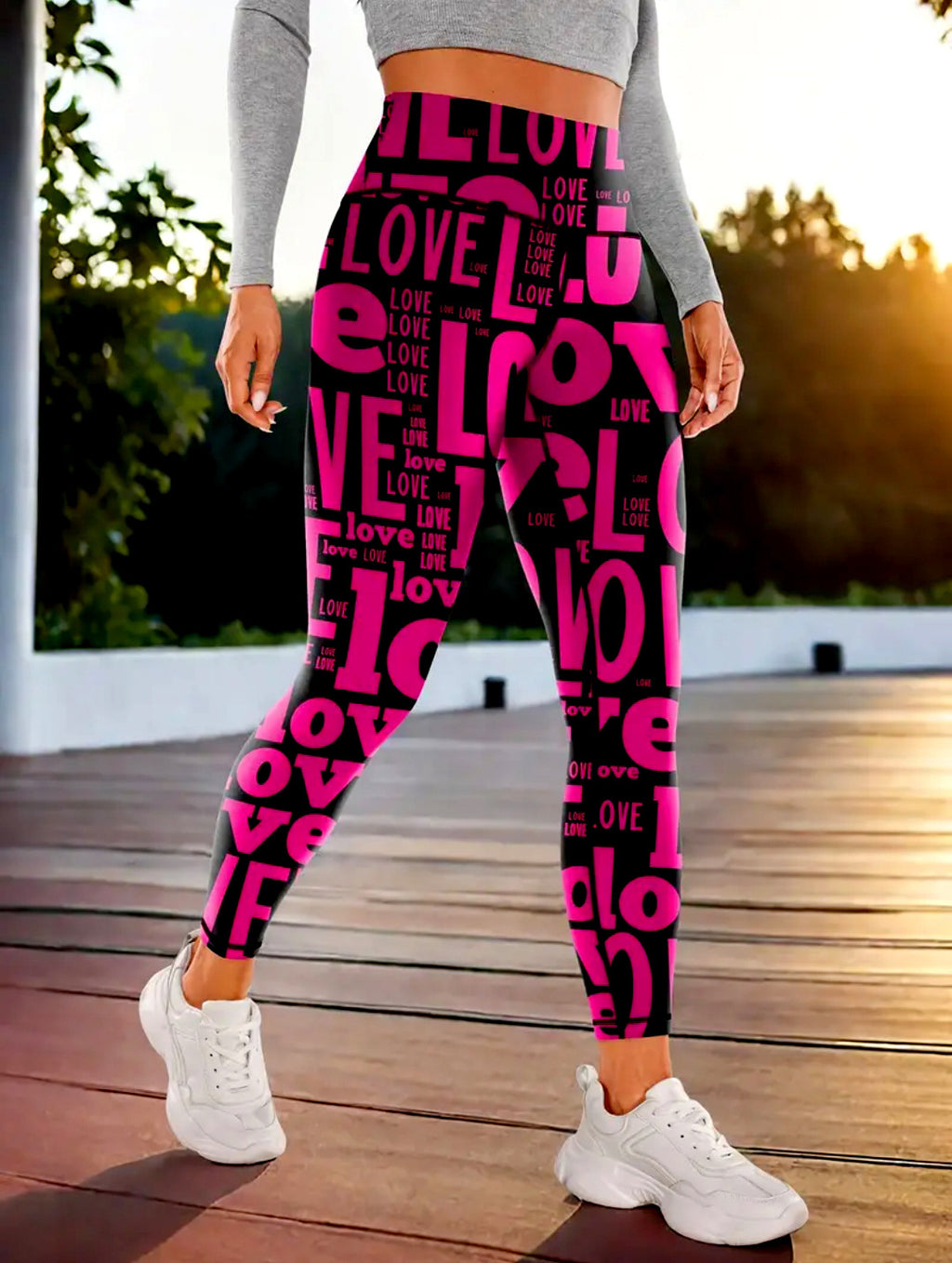Heart Print High Waist Workout Leggings - Rose_red - 2