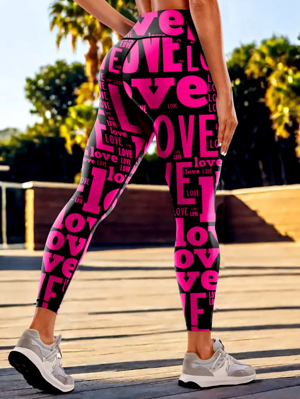 Heart Print High Waist Workout Leggings - Rose_red - 3