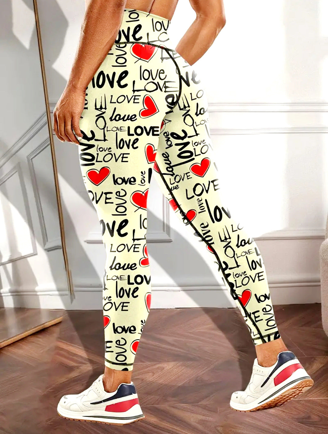 Heart Print High Waist Workout Leggings - Yellow