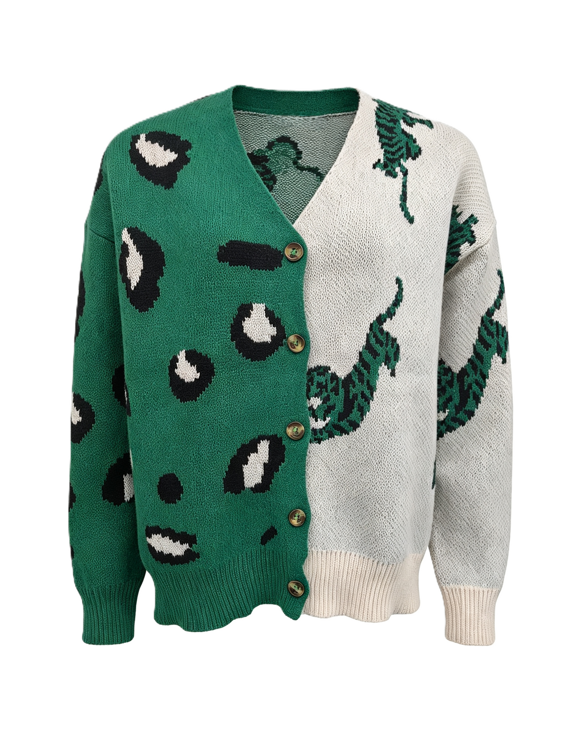 Split Panel Cheetah Jacquard Button Cardigan - Green