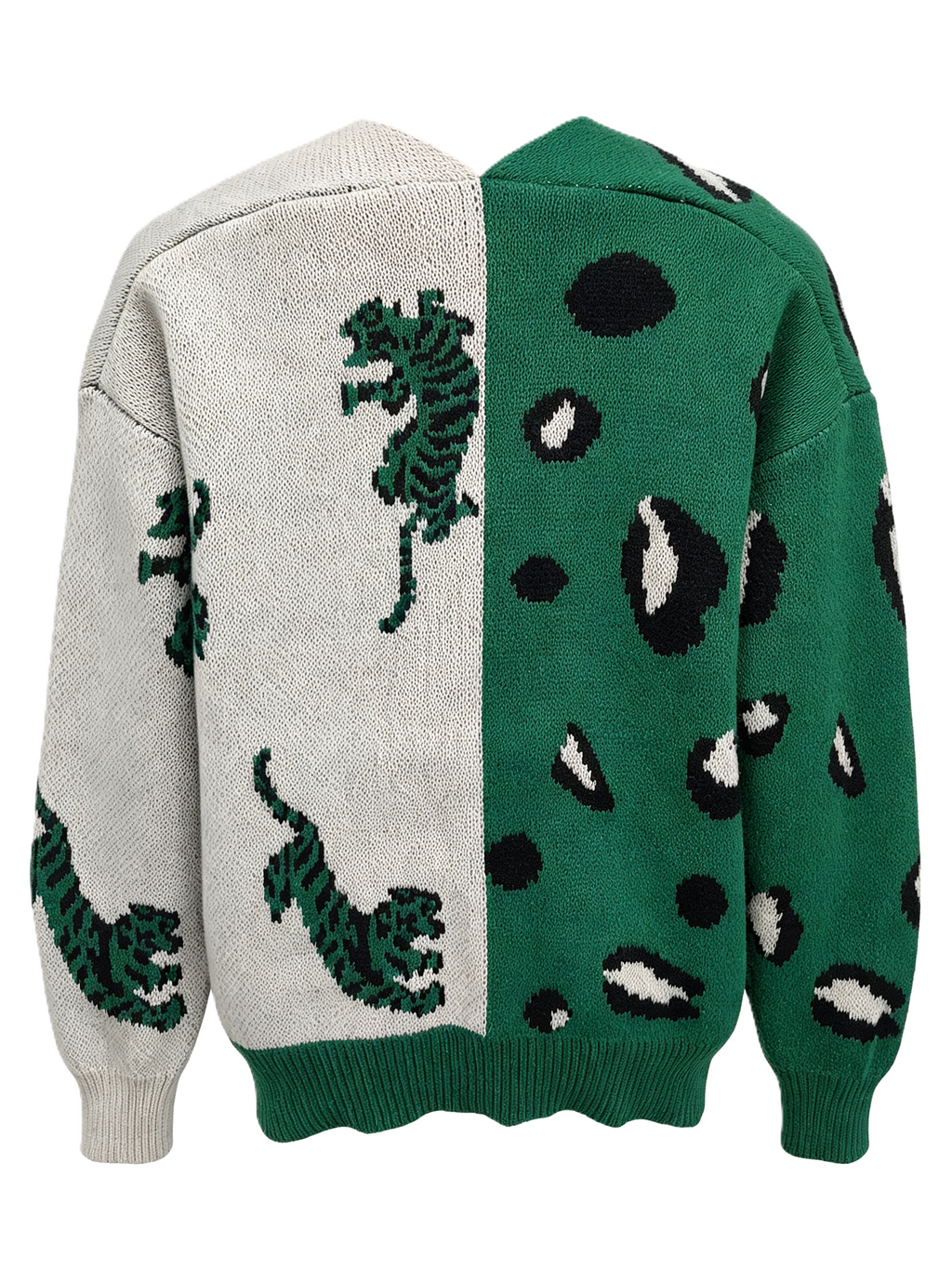 Split Panel Cheetah Jacquard Button Cardigan - Green - 1