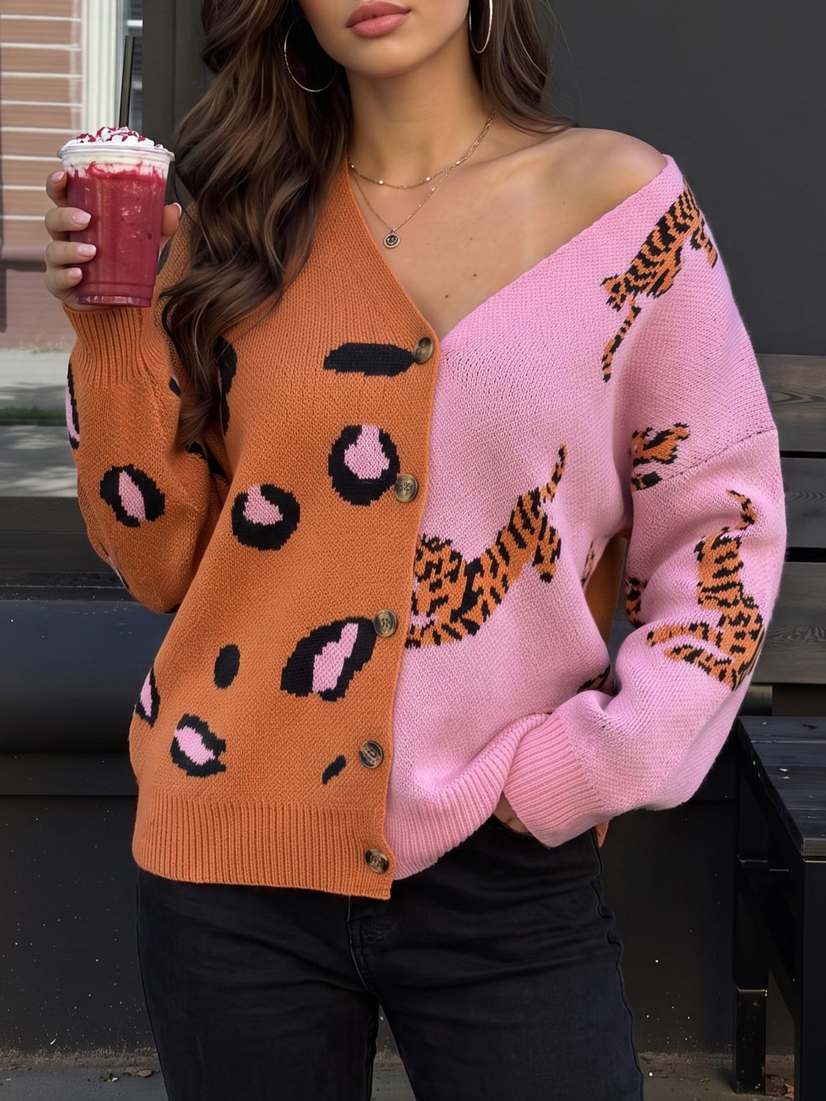 Split Panel Cheetah Jacquard Button Cardigan - Orange