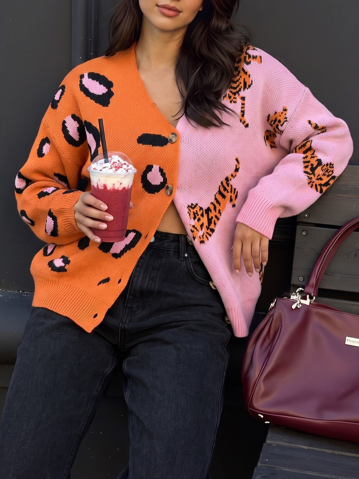Split Panel Cheetah Jacquard Button Cardigan - Orange - 1