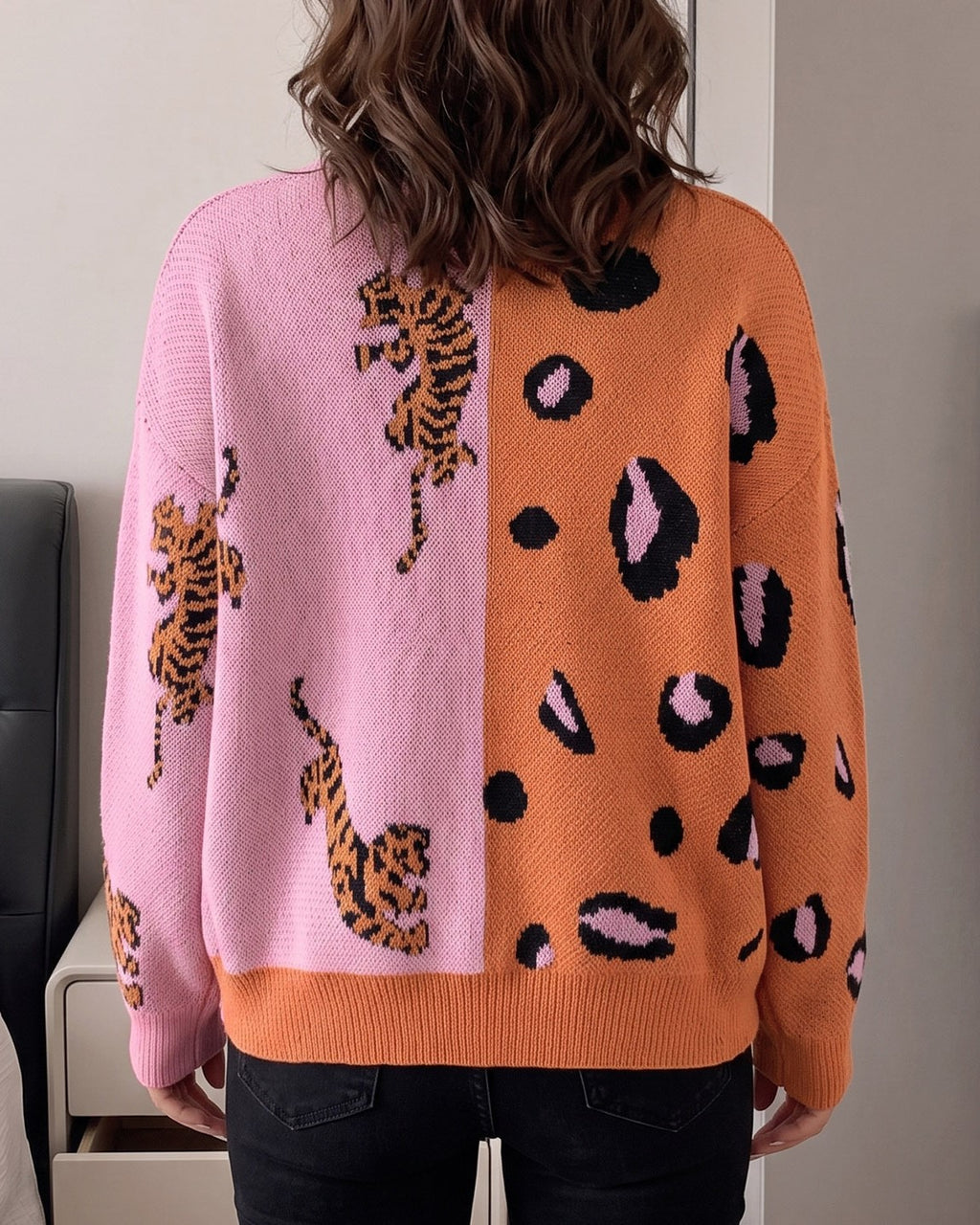 Split Panel Cheetah Jacquard Button Cardigan - Orange - 2