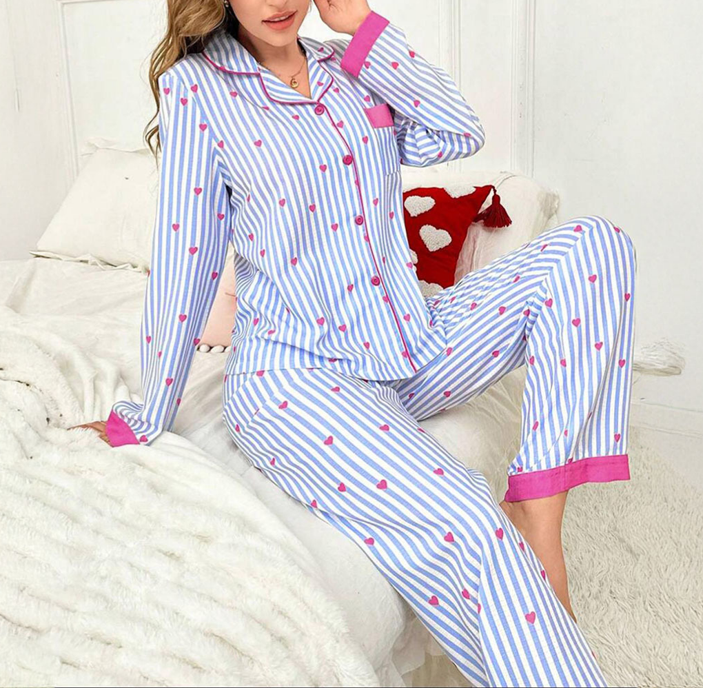 Contrast Trim Striped Heart Pajama Set - Blue - 5