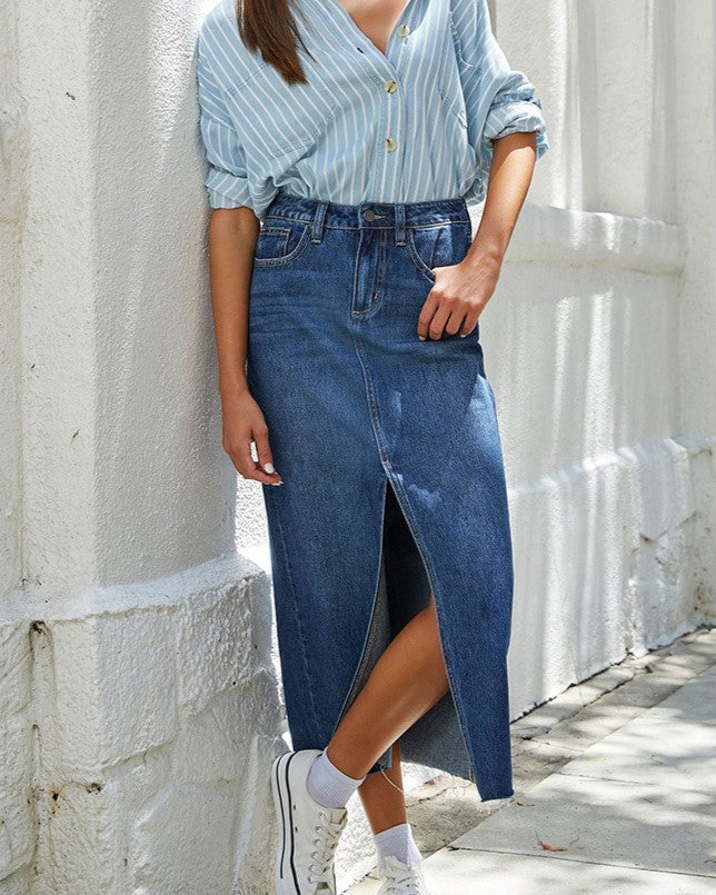 Raw Hem Denim Midi Skirt With Front Slit - Blue