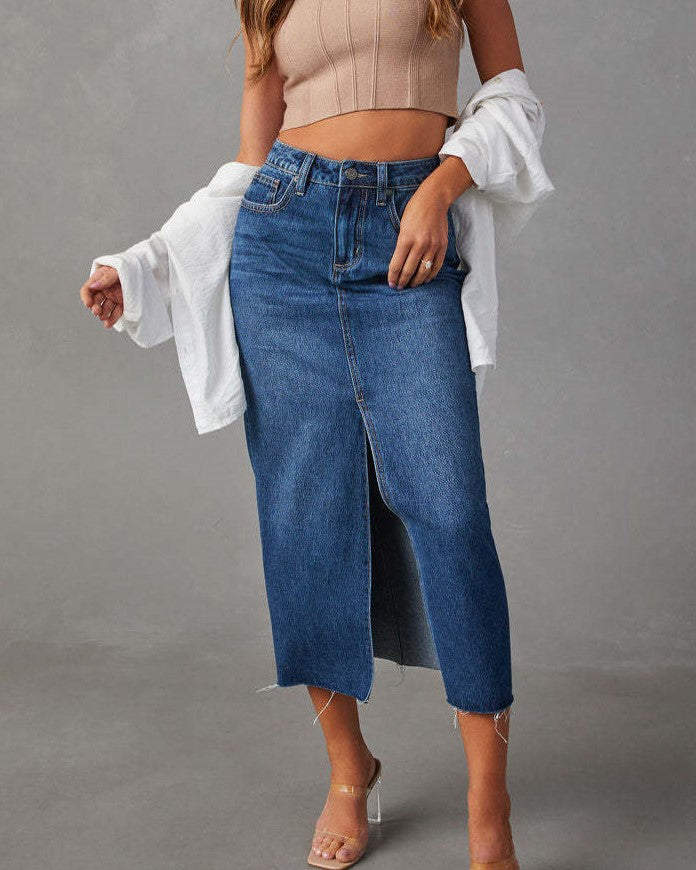 Raw Hem Denim Midi Skirt With Front Slit - Blue - 1