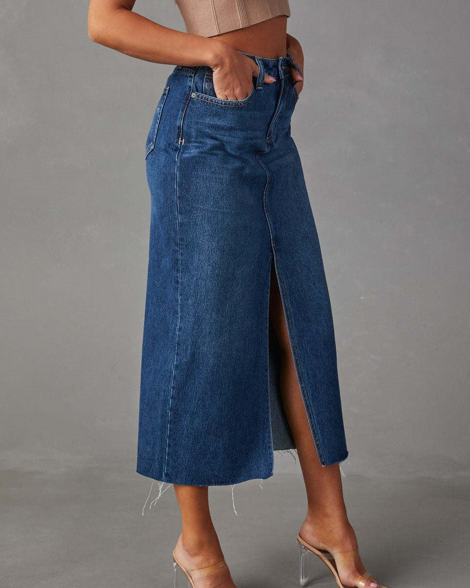Raw Hem Denim Midi Skirt With Front Slit - Blue - 3