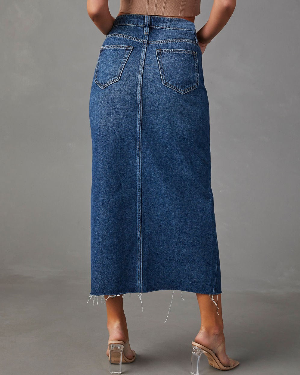 Raw Hem Denim Midi Skirt With Front Slit - Blue - 4