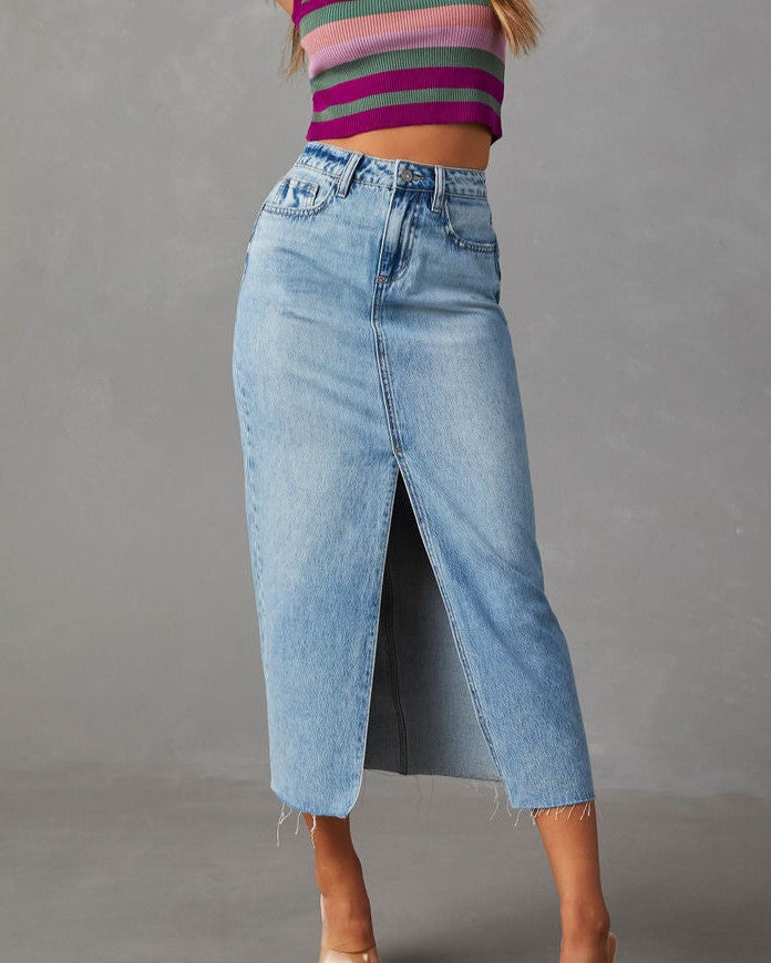 Raw Hem Denim Midi Skirt With Front Slit - Light Blue