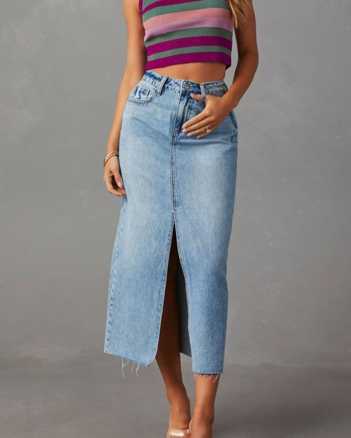 Raw Hem Denim Midi Skirt With Front Slit