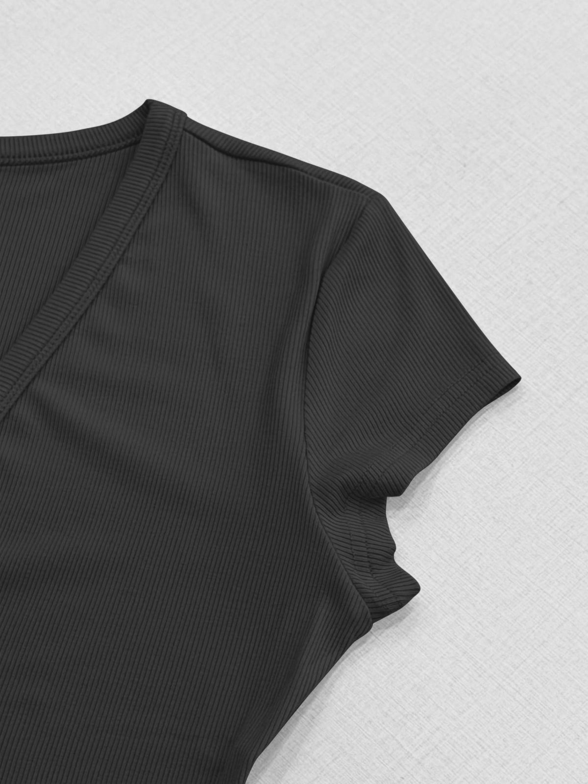 Slim Fit Ribbed V Neck Short Sleeve Tee - Black - 1