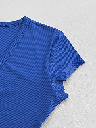 Slim Fit Ribbed V Neck Short Sleeve Tee - Blue - 1