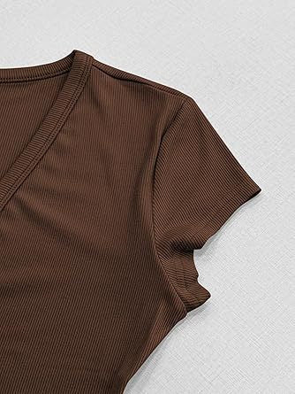 Slim Fit Ribbed V Neck Short Sleeve Tee - Coffee - 1